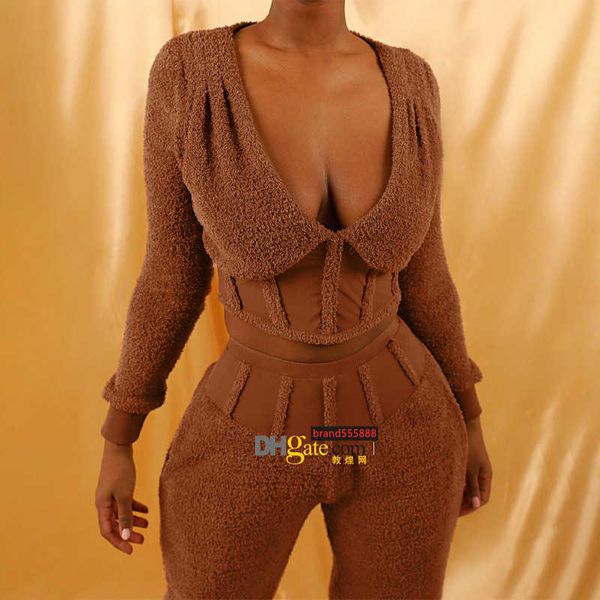 

cozy 2 piece sets womens outfits fuzzy lounge wear v neck and pants sweat suits women matching sets, White