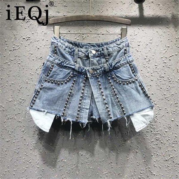 

spring summer patter denim patchwork fake two piece heavy work beaded edge high waist loose shorts ag02605xl 210311, White;black