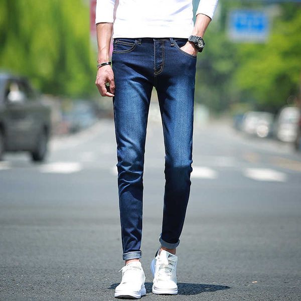 

autumn and winter new elastic men's jeans slim fit long pants, Blue