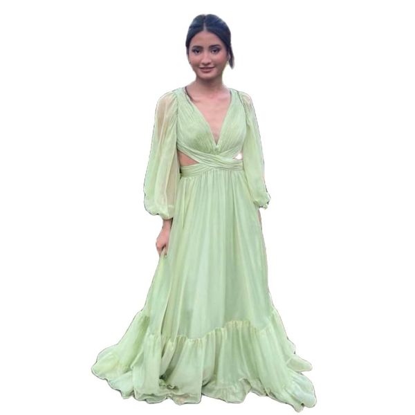 

simple organza v-neck prom dresses elegant lace-up back vestidos de floor-length with train evening gowns, Black