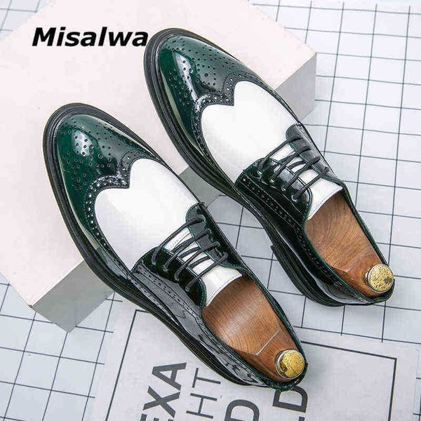 

dres shoe lacquer leather men formal shoe misalwa british busines full brogue patchwork white green 220723, Black