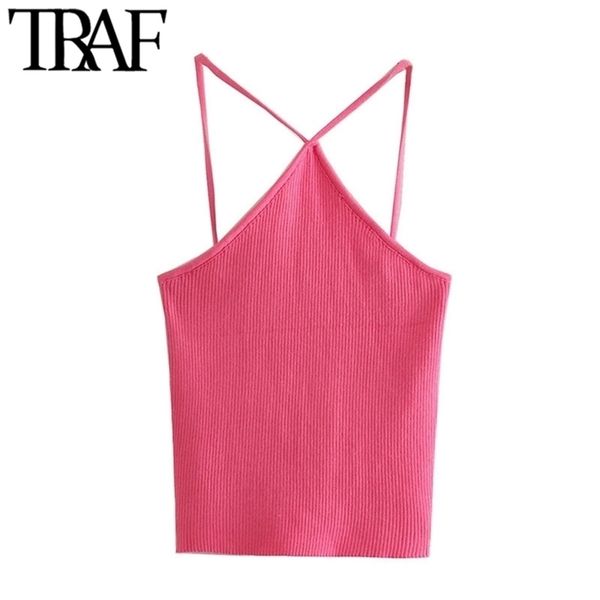 

traf women fashion hollow out cropped knit tank vintage backless thin straps female camis mujer 220308, White