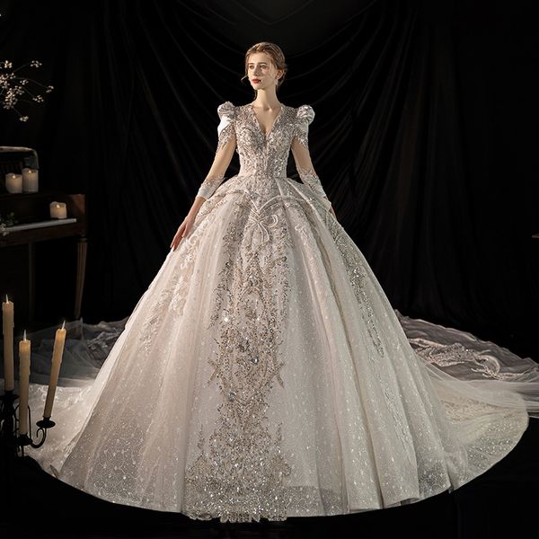 

luxury beaded embroidery wedding dresses princess gowns long sleeve sequined sweetheart corset organza cathedral church ball gown bride dres, White