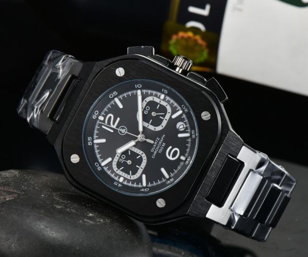 

wristwatches br model sport quartz bell luxury multifunction watch business full stainless steel man ross square wristwatch 003, Slivery;brown