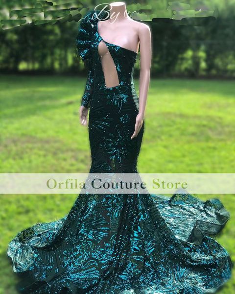 

green prom dress mermaid 2023 one shoulder sequins sparkly formal second reception birthday engagement gown, Black