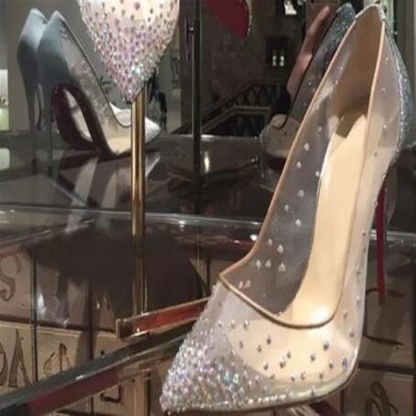 

-fashion women pumps peep toe crystal buckle strap party wedding shoes golden air mesh see-through ankle strap #90222519, Black