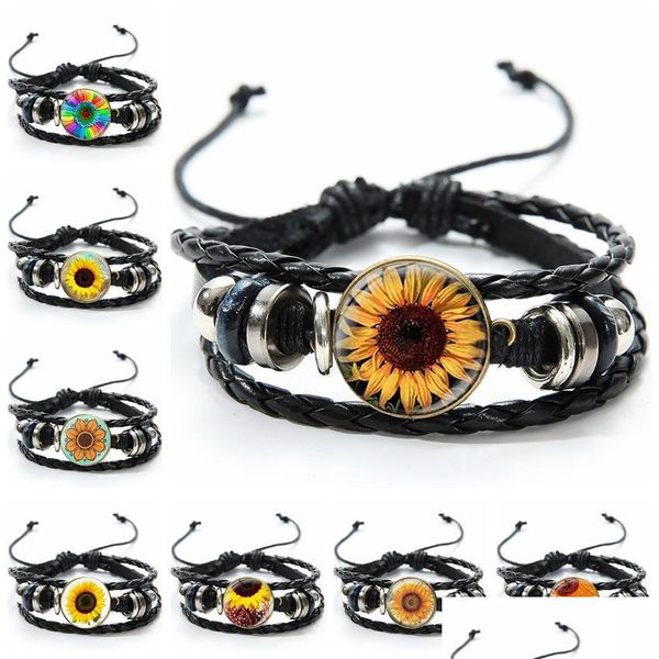 

charm bracelets sunflower time gemstone leather braided bracelet black mtilayer wax rope for women man jewelry drop delivery 2022 bra dhg4b, Golden;silver