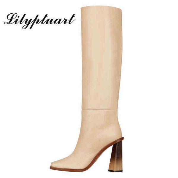 

boots autumn and winter new thick high heels shaped heel square toe long large size women's 220901, Black