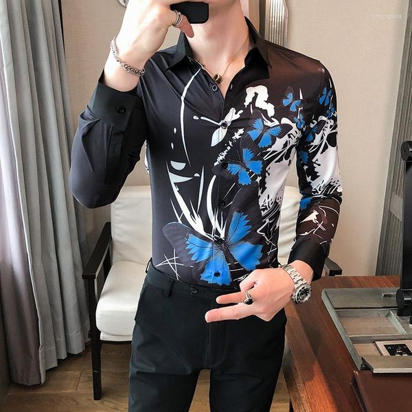 

men's casual shirts butterfly print men fashion long sleeve slim fit camisas hombre floral dress streetwear nightclub blouse, White;black