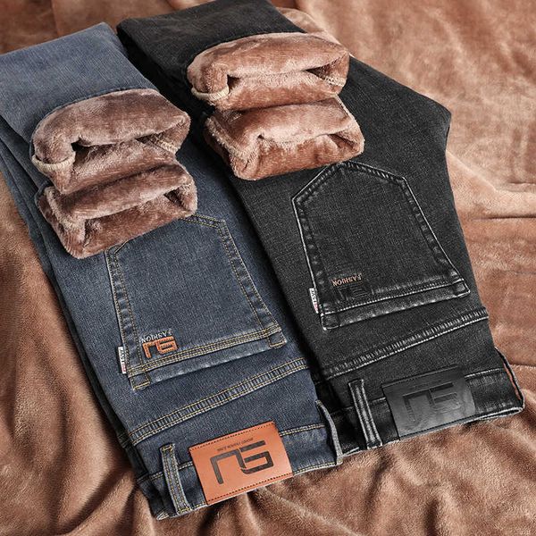 

men's jeans autumn and winter plush thickened straight trousers elastic warm casual fashion, Blue