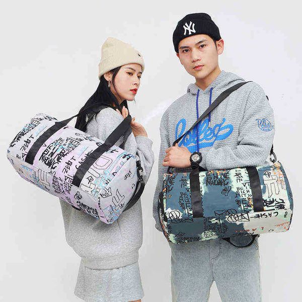 

duffel bag letter travel bag for women sport gym nylon weekend shoulder messenger men casual hand luggage duffle dry and wet 220728