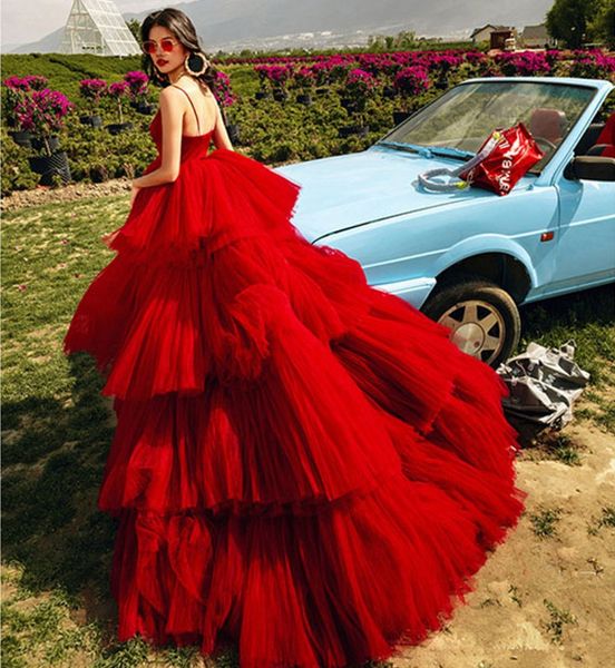 

gorgeous high low prom dresses red tulle puffy formal celebtiry gowns tiered custom made chic prom dress for pshoot robes de soiree vestidos, Black