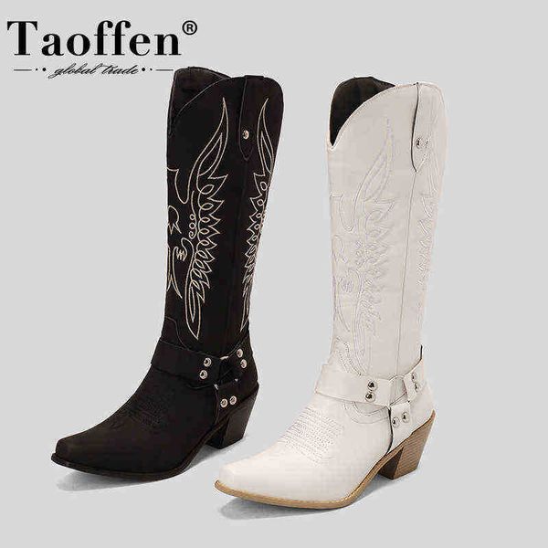 

boots taoffen big size 35-43 women's long embroidery 2022 winter shoes square toe women ins fashion female footwear 220805, Black