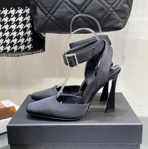 

shoes 2022 spring new rose red purple chunky heel strap square head back empty sandal satin 10cm sandals women's luxury designers dress, Black