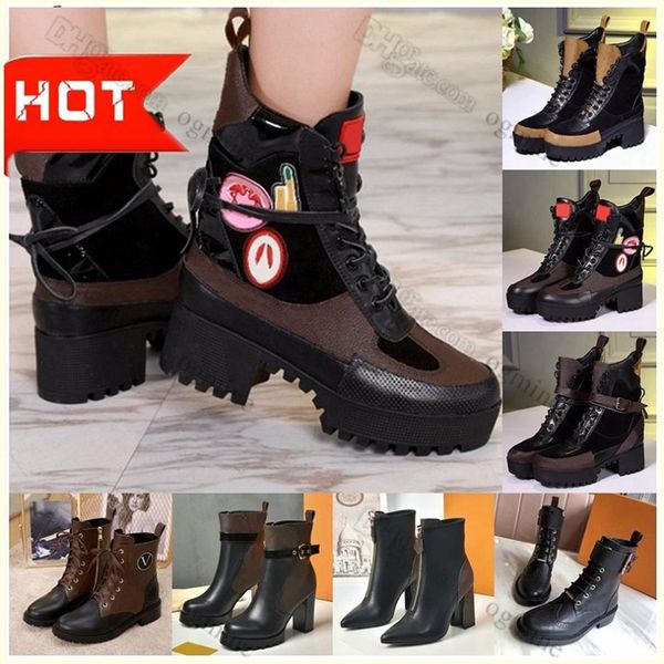 

with box ace star ankle luxury womens chunky heel desert woman boots letter old flower designer lace up thick martin 156j, Black