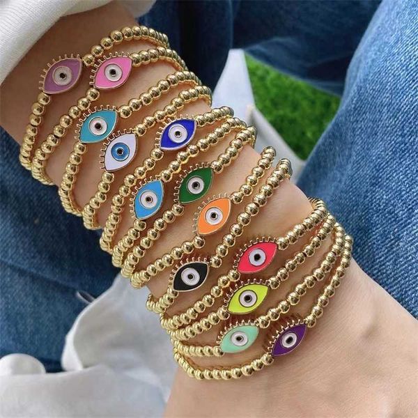 

fashion women's and girls' enamel eye shaped bracelets gold bead jewelry elastic bead bracelets 10 pieces., Golden;silver