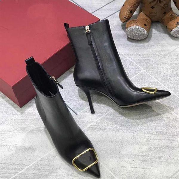 

new fashion italian designer pointed women's leather ankle boots winter 8cm luxury original box 35-41211l, Black