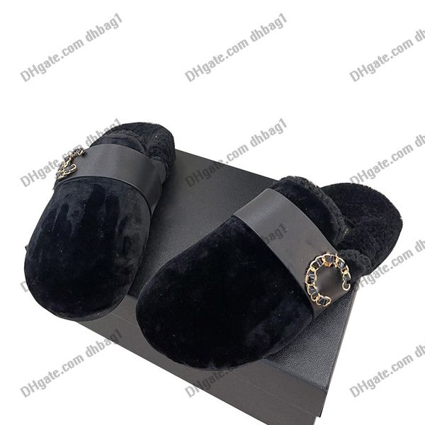 

slipper for women designer velvet booties with chain letter fur warm soft comfy mules slides flip flops slip-on classic whtie black retro in
