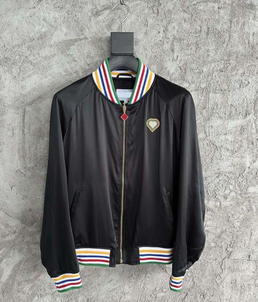 

25ss Casasblanca New Trendy Heart Embroidered Zipper Silk Baseball Shirt Men's and Women's Designer Casual Loose Cotton Jacket Top Lapel Pockets Stylish Sport Coat tn, Lightpink