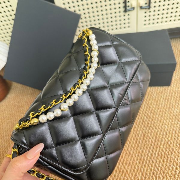 

Designer Women Lady Evening Shoulder Bag Box Plaid Pattern C Phone Storage Case with Pearl Rhinestone logo chain VIP GIFT, Black