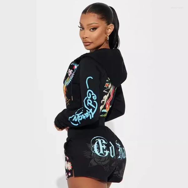 

Women's Tracksuits Casual Versatile Shorts Set Hooided Sifreyr Street Printed Fashionable Long Sleeved Zipper Cardigan Jacket High Waist, Black