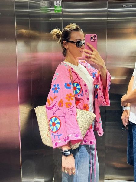 

Women' Jackets Women Solid Printed Cotton Short Coat Lady Casual Lace Up Full Sleeves V Neck Loose Jacket 2025 Autumn High Street Overcoats, Pink