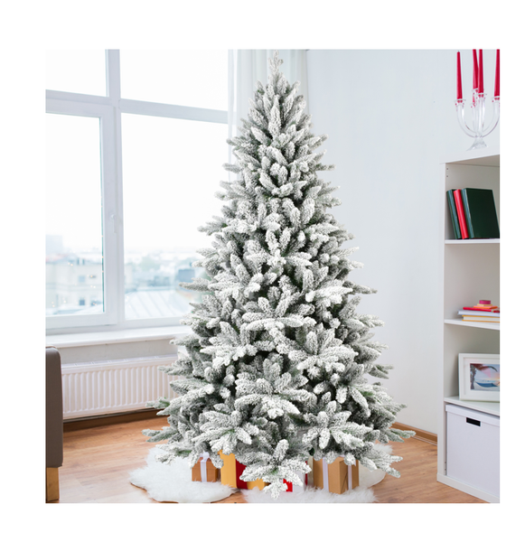 7ft Flocked Christmas Tree with 1514 Tips Realistic PE+PVC Snowy Hinged Tree with Metal Stand Full Artificial Xmas Tree for Holiday Decoration