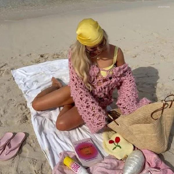 

Women's Sweaters Sweet Chic Hollow Knitted Sweater Hoodie Flower Loose Elegant Fashion Women 2025 Fall Tops Casual Outerwear Designers, Pink
