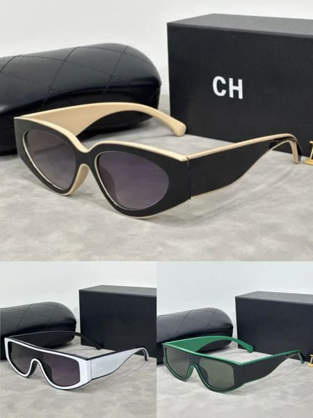 

High-end designer beach sunglasses with trendy square metal legs, letter-designed cat eye, high-quality oval luxury single-reflective sun glasses with box packaging