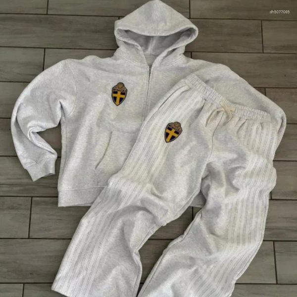 

Men's Tracksuits Zip Hooded Sweatpants Set Men Two Piece Hip Hop Embroidered Vintage Stripe Oversized Sweatshirt Casual Pants, Jacket 2