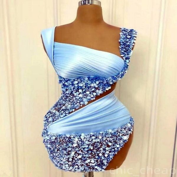 

Chic Sky Blue Sheath Cocktail Dress Spaghetti Sequined Satin Illusion Short Mini Graduation Homecoming Dresses For Special Occasions Sweetheart Gowns, White