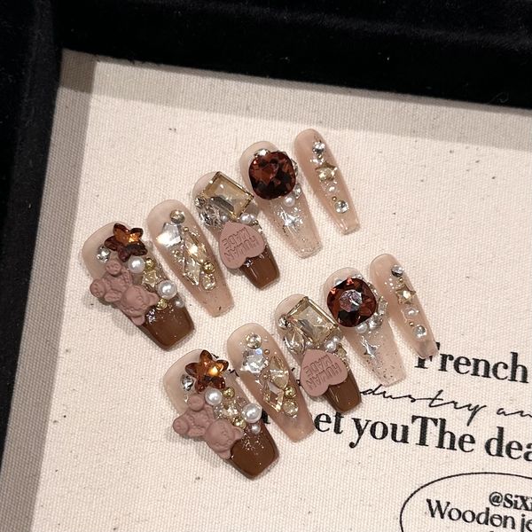 

Maillard Bear Handmade Press on Nails High end Brown Style for Autumn Winter, Elegant, Skin whitening Intricately Designed