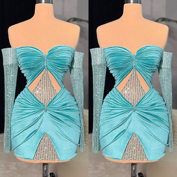 

Chic Sky Blue Sheath Cocktail Dress Sweetheart Velvet Sequined Full Sleeves Short Mini Graduation Homecoming Dresses For Special Occasions Sweetheart Gowns, Ivory