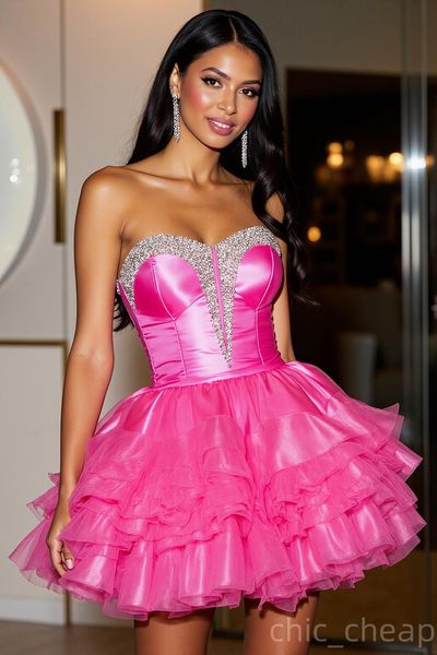 

Chic Ball Gown Fuchsia Cocktail Dress Organza Sequined Tiers Sweetheart Short Mini Graduation Homecoming Dresses For Special Occasions Sweetheart Gowns, Champagne