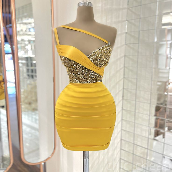 

Chic Yellow Sheath Cocktail Dress One Shoulder Crystals Sequined Satin Illusion Short Mini Graduation Homecoming Dresses For Special Occasions Sweetheart Gowns, Gold