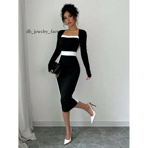 

hot Free shipping designer fashion classic versatile light luxury womens clothing splicing color collision medium long skirt long sleeved dress e45, Color 1