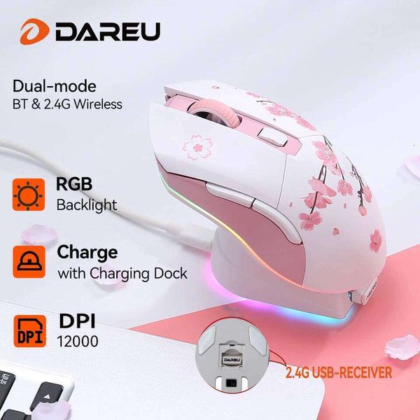 DAREU Dual Modes Gamer Mouse RGB G Wireless Wired Gaming Mice Built in mAh Recharging Battery with ro Set for PC Laptop