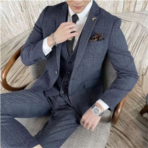 

British Korean Style High Quality Modified Plaid Three-Piece Suit for Men - Stylish Business Casual Suit Vest And Trousers SetS-5XL, Blue