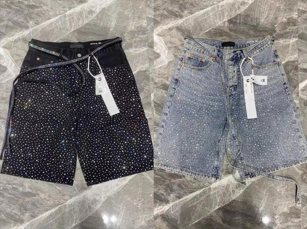 

Men's Shorts Streetwear Mens Womens Vintage Rhinestone Sequin Denim Jeans Hip Hop Washed Baggy Low Rise Over The Knee Pants, A1