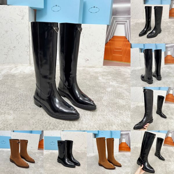 

2025 Designer Boots Winter Knee High Boots Fashion Girls Leather Nylon Material Women Toe Shoes Goat Suede Natural Genuine Leather Buckle Block Tall Short Boots003, #-2