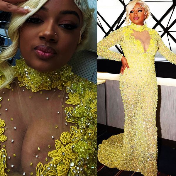 2025 Yellow Mermaid Prom Dresses For Special Occasions Sequined Lace Pearls Rhinestones Evening Formal Party Second Reception Birthday Engagement Gowns Dress