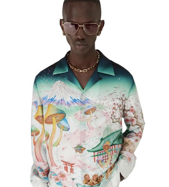 

26 Men's Silk Casual Shirt Casabalnc New Hawaiian Patter Print Style Vacation Summer Women Luxury Designer Button Silk Loose Long Sleeve Lapel Silk Shirts Coat Tops tn, Olive