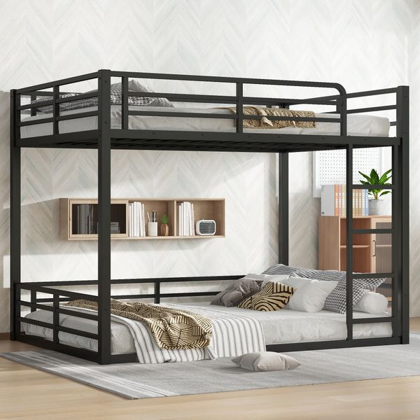 Metal Bunk Bed Full over Full Floor Frame Heavy-Duty Bunk Bed for Kids Teens Adults Noise-reduced Design Black