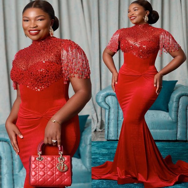 Red Mermaid Prom Dresses 2025 Velvet Sequined Tassels Elegant Evening Formal Party Second Birthday Engagement Gowns Plus Size Dress For Special Occasions