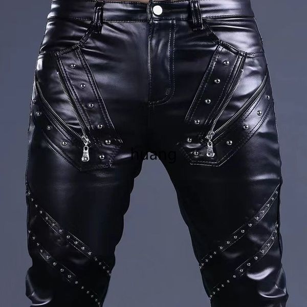 

Men Fashion Rock Style PU Leather Pants Sexy Night Club Dance Pants Men's Rivets Zipper Faux Leather Slim Motorcycle Trouser New, Gold
