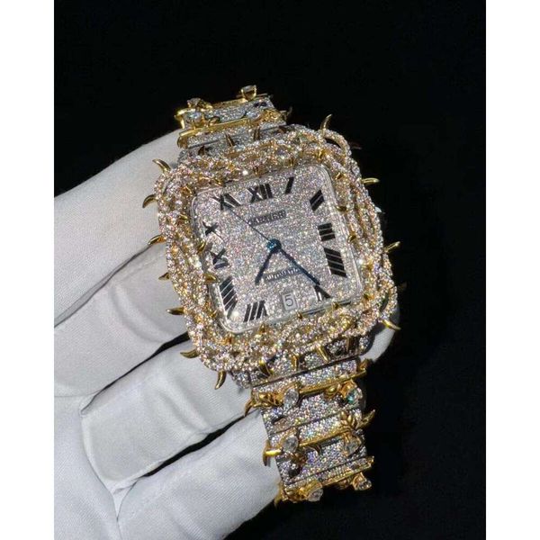

Men's Iced Out Watch Moissanite Round Brilliant Dia Rectangle Steel Case ETA Movement Box Packing, As shown as picture