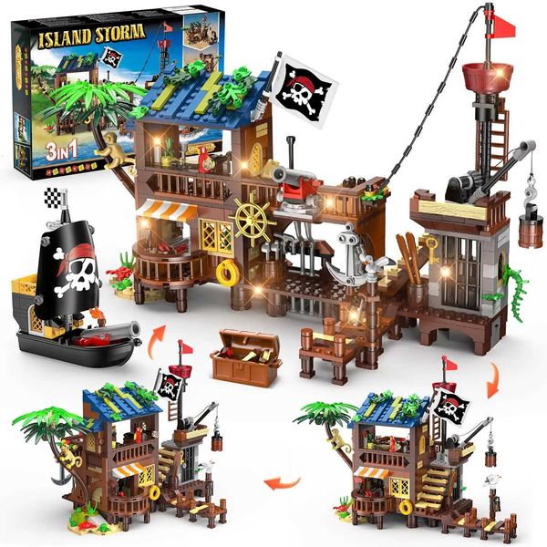 HOGOKIDS Pirate Ship Wharf Building Toy with LEDMedieval Pirate House BuildingBlock Set Architecture for Kids6 Birthday Gift Z250910 Y260310