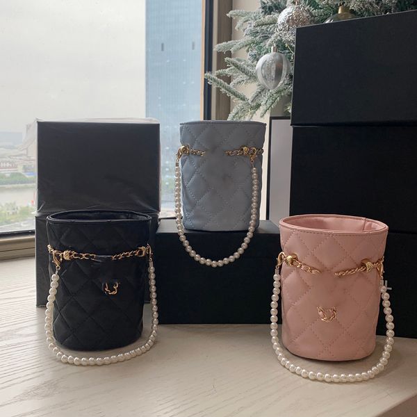 

Designer Drawstring Mobile Phone Women Leather Pearl Chain Shoulder Handbag Lady Small Waste Bag Storage box, Pink