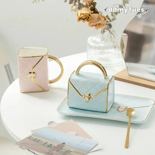 Coffee Mug with Saucer: Ceramic Handbag Design Cup Set, Luxurious Tea & Milk Mugs, Unique Water Drinkware Gift TUES