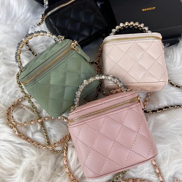 

Designer Women Mini Shoulder Bag with Rhinestone Cosmetic Brush Bucket Beauty Lipstick Organizer Box Phone Storage Case, Pink